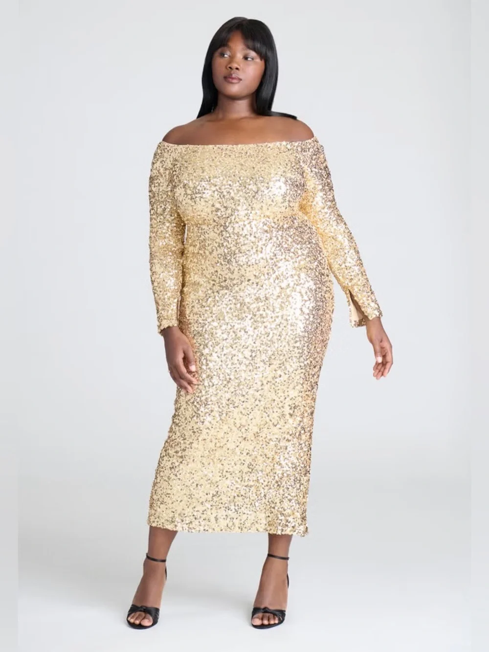 ELOQUII OFF THE SHOULDER SEQUIN COLUMN DRESS IN GOLD - Picture 4 of 12